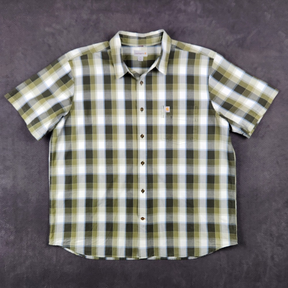 Carhartt Shirt Mens 2XL Relaxed Fit Green Plaid Short Sleeve Button Up Work Wear